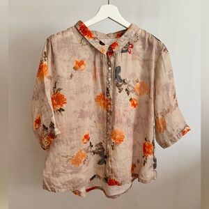 Brand New Ramie Cream Japanese Artisan Print Top, One Size